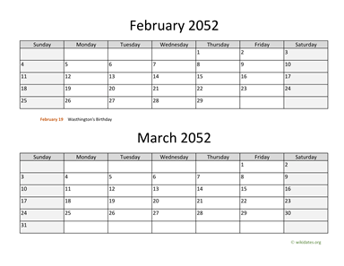 February and March 2052 Calendar Horizontal