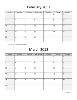 February and March 2052 Calendar Vertical