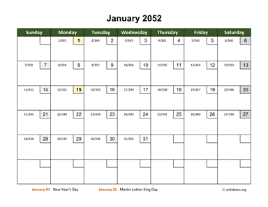 January 2052 Calendar with Day Numbers