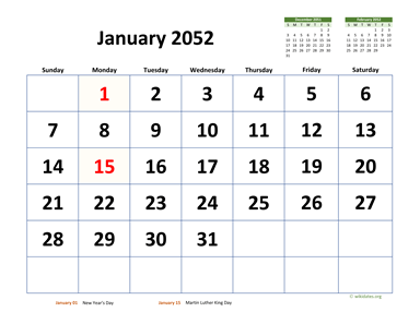 January 2052 Calendar with Extra-large Dates