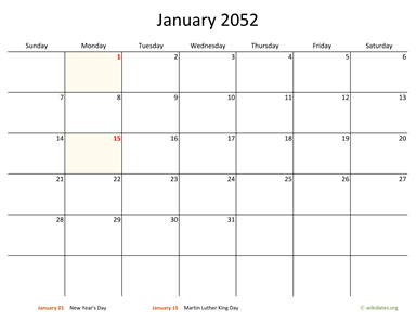 January 2052 Calendar with Bigger boxes