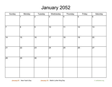 Basic Calendar for January 2052