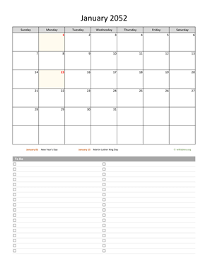January 2052 Calendar with To-Do List