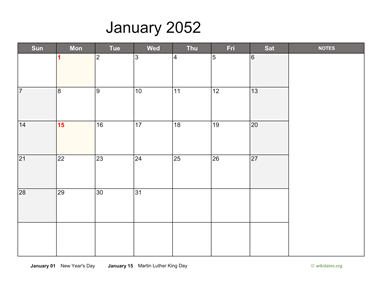 January 2052 Calendar with Notes