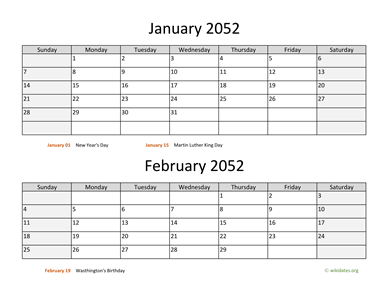 January and February 2052 Calendar Horizontal