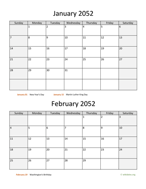 January and February 2052 Calendar Vertical