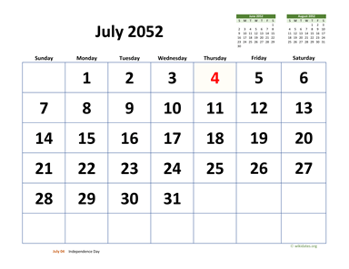 July 2052 Calendar with Extra-large Dates