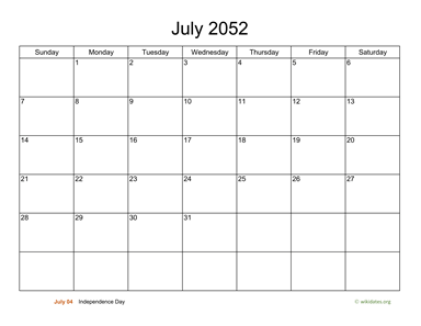 Basic Calendar for July 2052