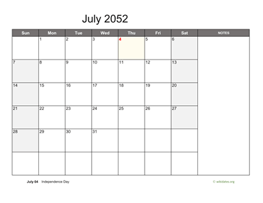 July 2052 Calendar with Notes