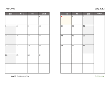 July 2052 Calendar on two pages