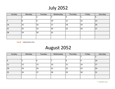 July and August 2052 Calendar Horizontal