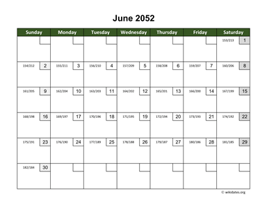 June 2052 Calendar with Day Numbers