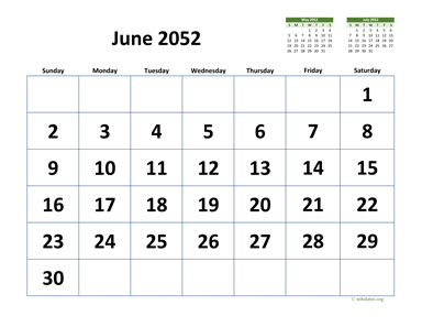 June 2052 Calendar with Extra-large Dates