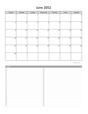 June 2052 Calendar with To-Do List