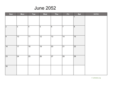 June 2052 Calendar with Notes