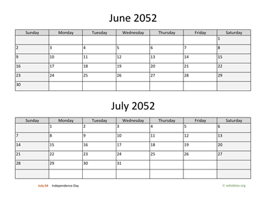 June and July 2052 Calendar Horizontal