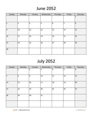 June and July 2052 Calendar Vertical