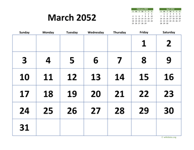 March 2052 Calendar with Extra-large Dates