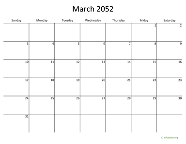 March 2052 Calendar with Bigger boxes