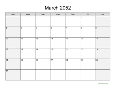 March 2052 Calendar with Weekend Shaded