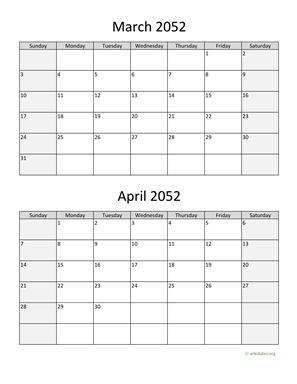 March and April 2052 Calendar Vertical