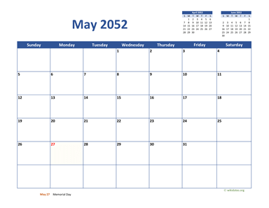 May 2052 Calendar Classic