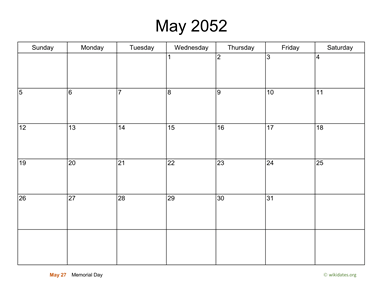 Basic Calendar for May 2052