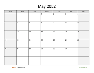 May 2052 Calendar with Weekend Shaded