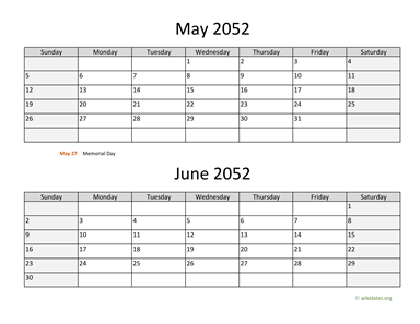 May and June 2052 Calendar Horizontal