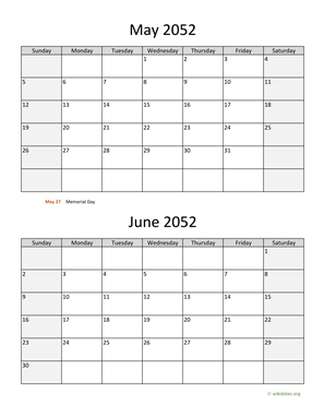 May and June 2052 Calendar Vertical