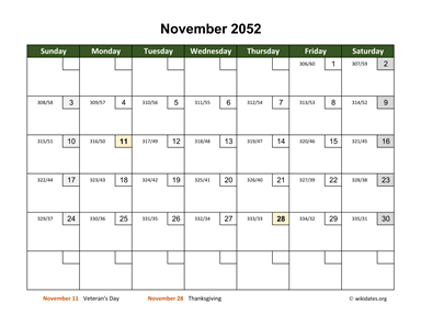 November 2052 Calendar with Day Numbers