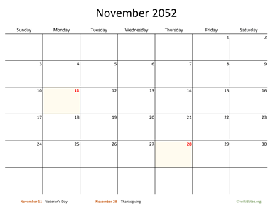 November 2052 Calendar with Bigger boxes