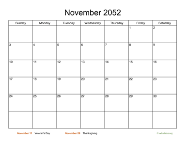Basic Calendar for November 2052
