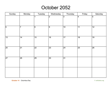 Basic Calendar for October 2052