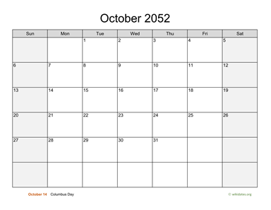 October 2052 Calendar with Weekend Shaded