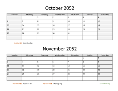 October and November 2052 Calendar Horizontal
