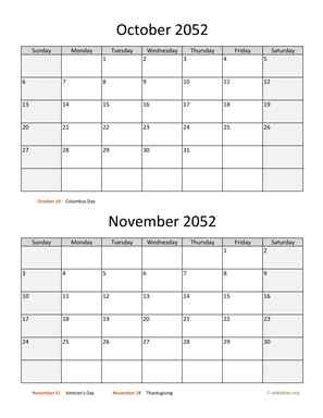 October and November 2052 Calendar Vertical