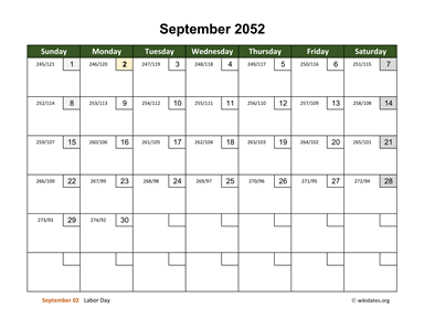September 2052 Calendar with Day Numbers