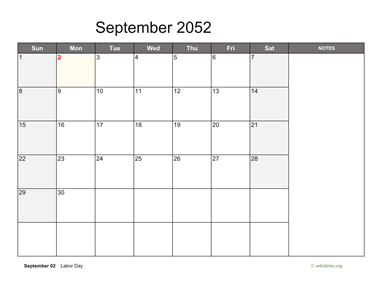 September 2052 Calendar with Notes