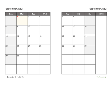 September 2052 Calendar on two pages