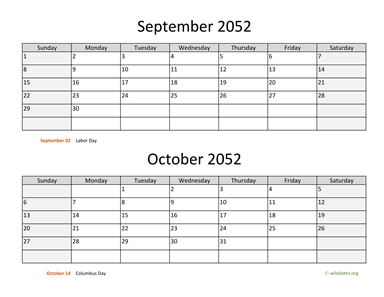 September and October 2052 Calendar Horizontal