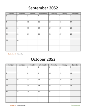 September and October 2052 Calendar Vertical