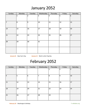 Two Months 2052 Calendar Vertical