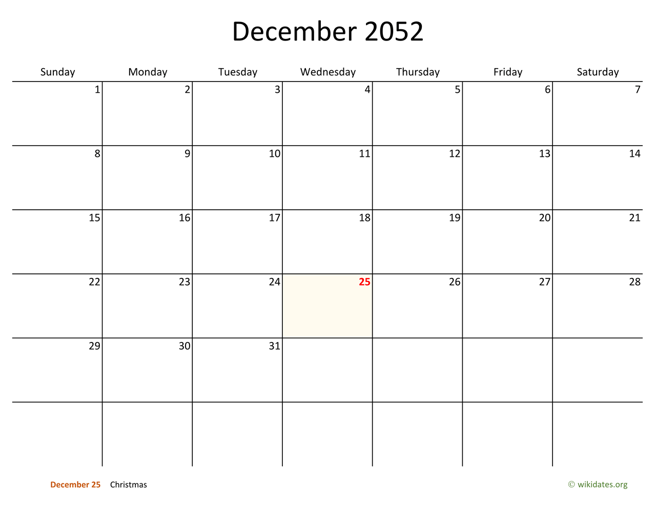 December 2052 Calendar with Bigger boxes | WikiDates.org