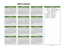 Printable 2053 Calendar with Federal Holidays