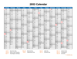 2053 Calendar Horizontal, One Page