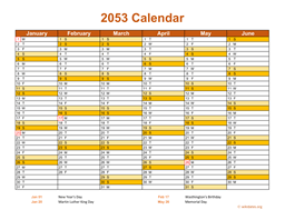 2053 Calendar on 2 Pages, Landscape Orientation