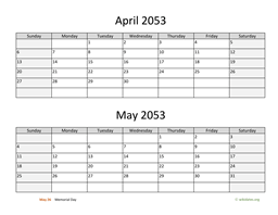 April and May 2053 Calendar