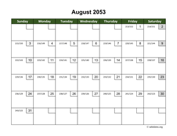 August 2053 Calendar with Day Numbers