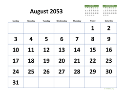 August 2053 Calendar with Extra-large Dates